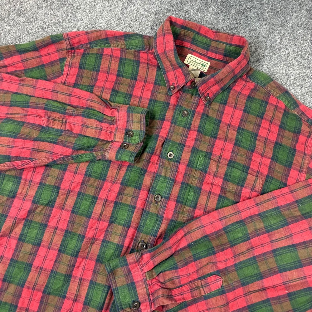 LL Bean Mens Size XLT XL Tall Flannel Shirt Red Green Plaid Button Down Cotton